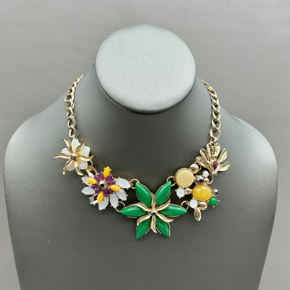 New York & Company Floral Statement Necklace Women Gold Tone Green Multi Color